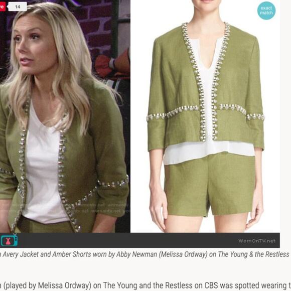 Tory Burch Embellished Avery Linen Boxy Jeweled Crop Jacket Green Silver US 6 - Picture 11 of 11